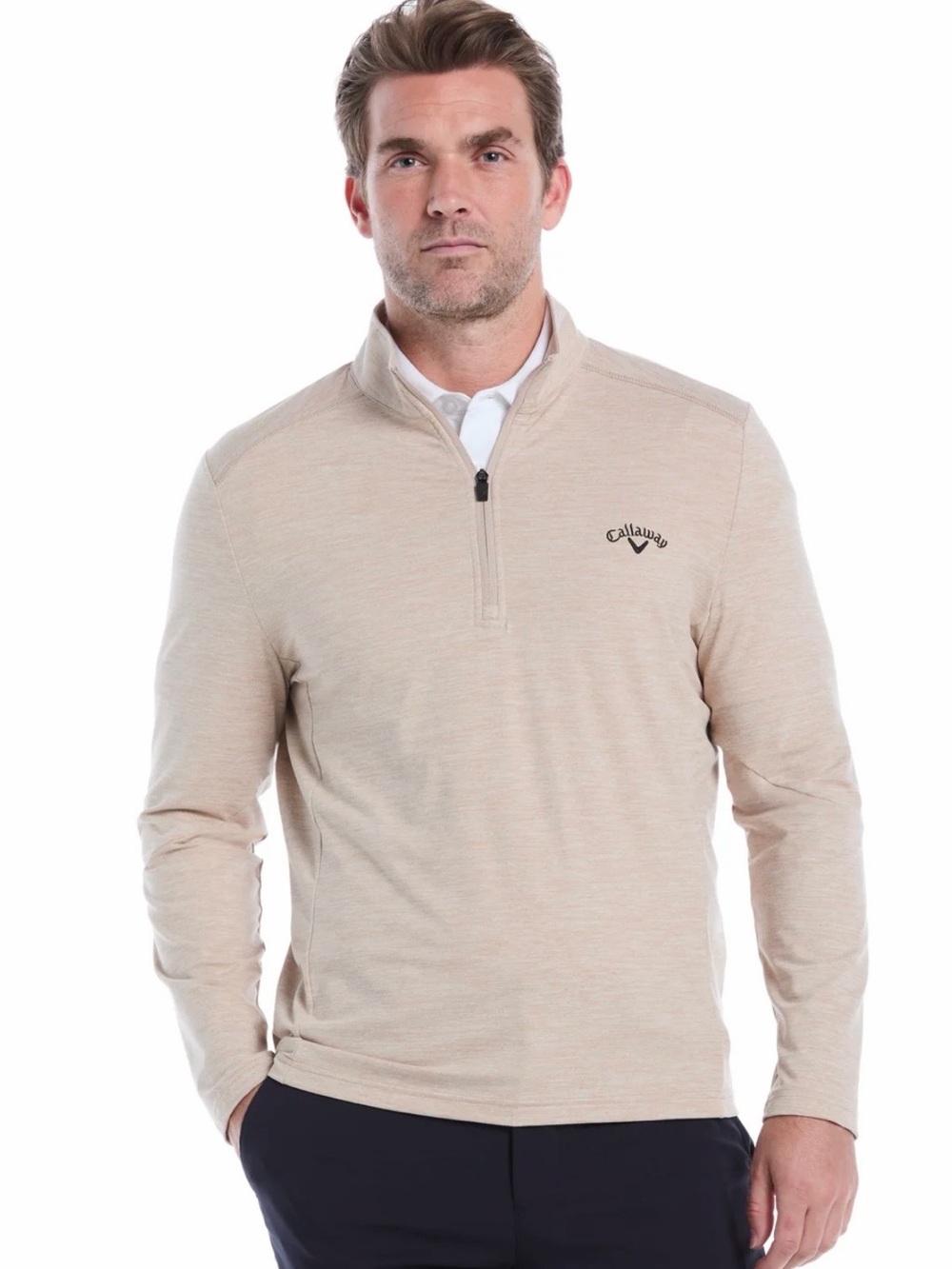 Callaway Men XXL 1/4 Zip Golf Pullover Khaki Heather UPF 50 Stretch NWT